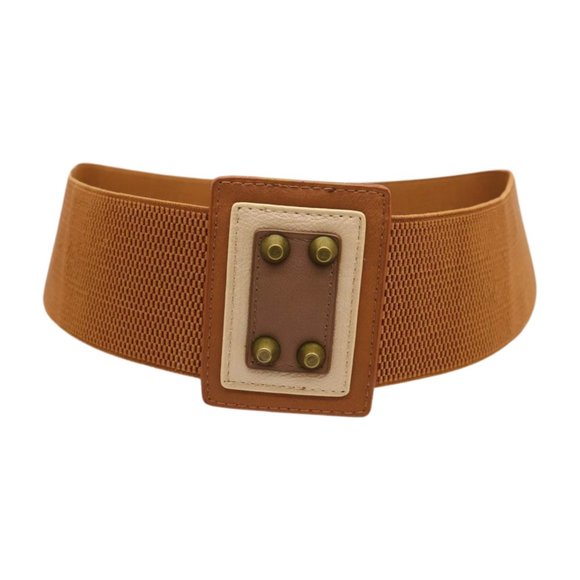 Women Brown Wide Elastic Belt Geometric Square Antique Gold Studs S M z042 - Picture 15 of 16